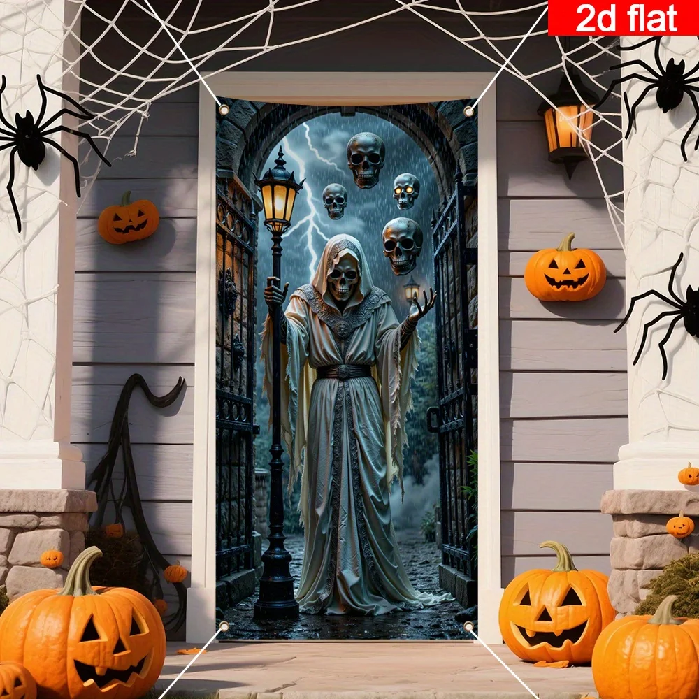 2D flaches Halloween-Polyester-Türbanner – Totenkopf, Umhangmann und dunkle Tür, Halloween-Dekoration, Partyhintergrund