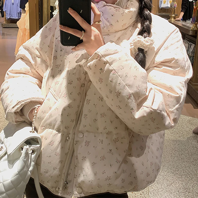 HELIAR Cappotto da donna in cotone caldo dolce stampato floreale Collo a lupetto Addensare Giacca imbottita in cotone a maniche lunghe Giacca casual da donna allentata