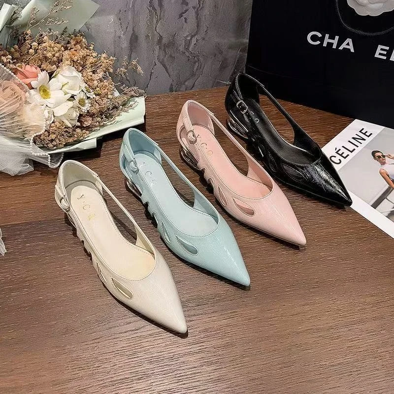 

Женские модные туфли на низком каблуке, острый носок, раздвижной носок, неглубокий рот, одинарный плечевой ремень, нескользящие и ненущие туфли на высоком каблуке