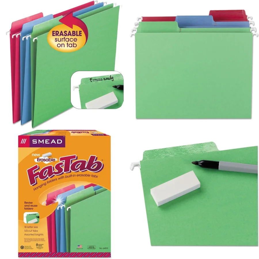 

Smead Erasable FasTab Hanging File Folder 1/3-Cut Built-in Tab Letter Size Assorted Primary Colors 18 per Box 64031 Primary Col