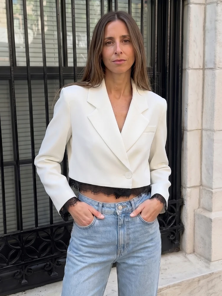HH Women Elegant Short Blazer Long Sleeve Lapel Lace Splicing Slim Jackets 2026 Spring Autumn Female Graduation Season Outwear