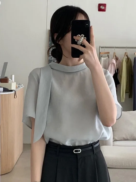 Elegant Chic Short Sleeve Shirt for Women Summer Design Sensation Sash Top Ladylike Noblewoman Atmosphere Shirt French Style ...
