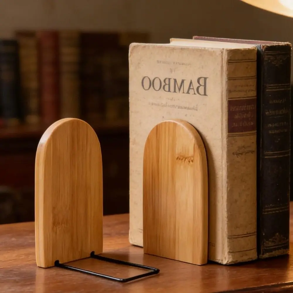 2Pcs Bamboo Bookshelf Anti Slip Heavy Duty Bookends Detachable Clip Desktop Storage Rack