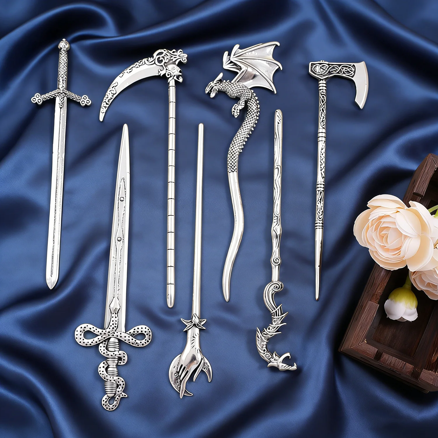 2/4pcs Norway Viking Flying Dragon Retro Sickle Battle Axe Shaped Hairpin Set Serpentine Sword Coordinate Hair Accessories