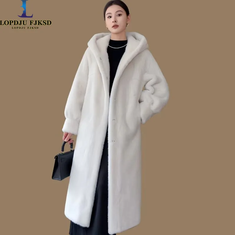 Faux Mink Fur Coat for Women,Covered Button Jackets,Hooded Overcoat,Female Clothes,Thicken Warm,New, Winter,2025