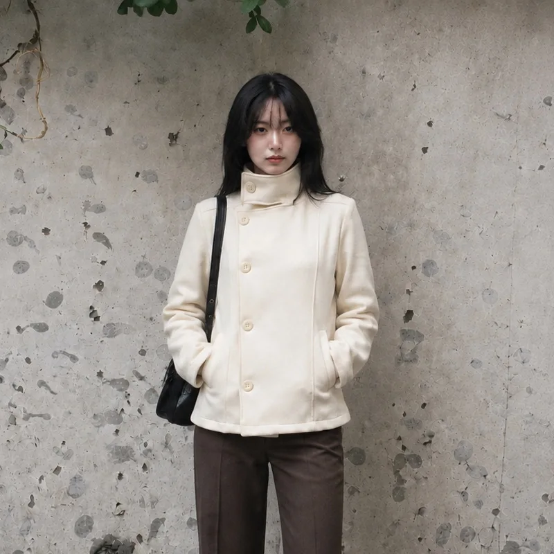 2026 autumn and winter new Korean style dark college style thick standing collar short diagonal button women's hoodie jacket