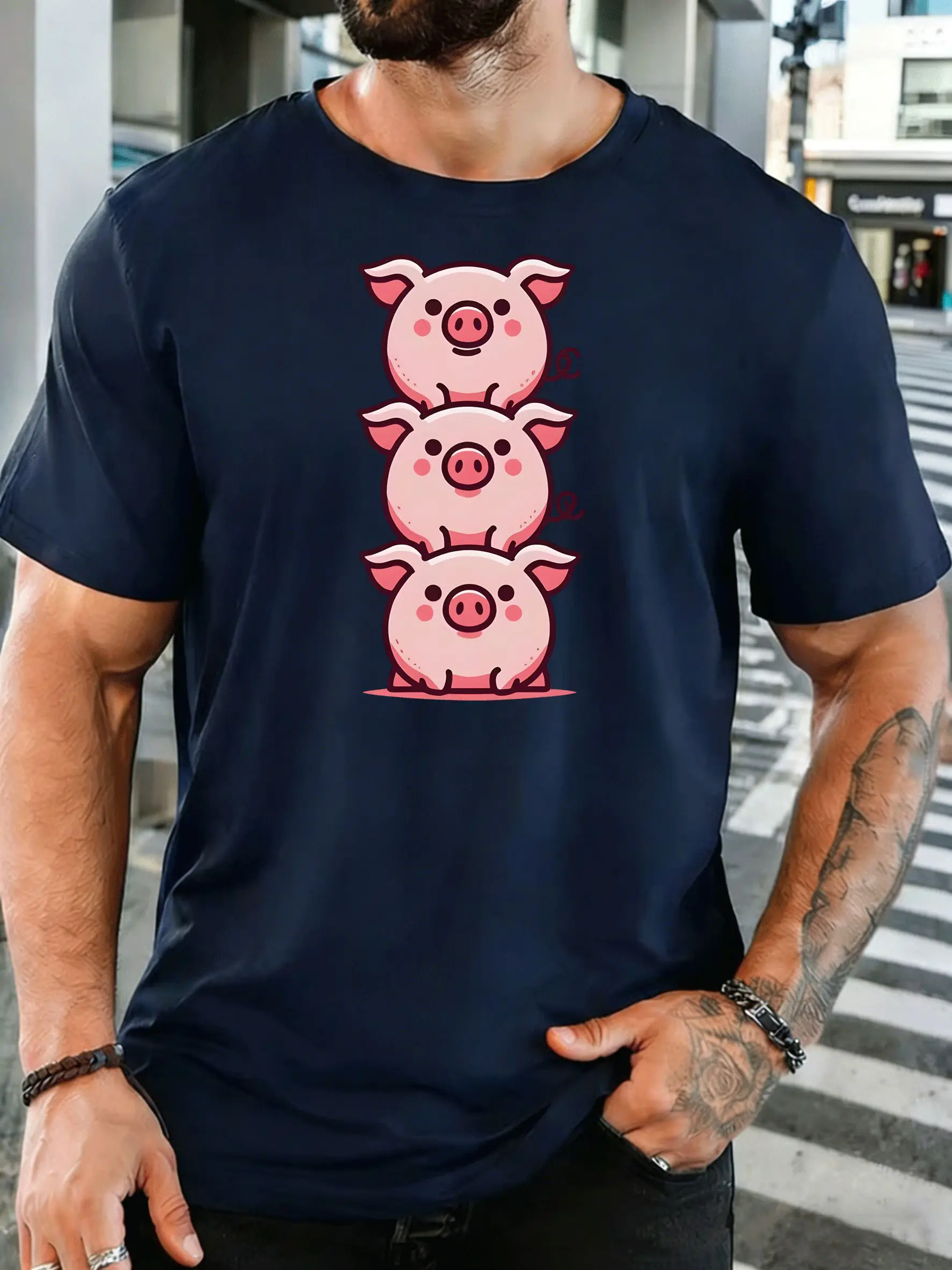 Three Stacked Cute Cartoon Pig Mens Front Print T Shirt Lovely Animal Graphic Tee Casual Short Sleeve Top Farm Animal Lover Gift