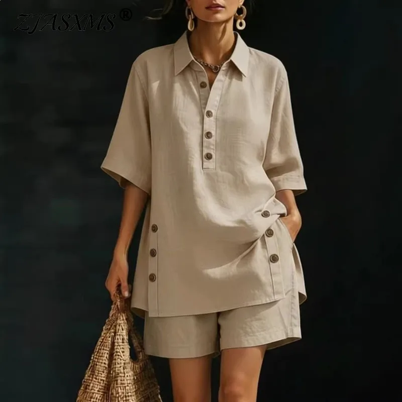 

Spring Turn-down Collar Button Shirt Casual Shorts Set Woman Vintage Solid Button Design 2 Piece Outfit Short Sleeve Summer Suit