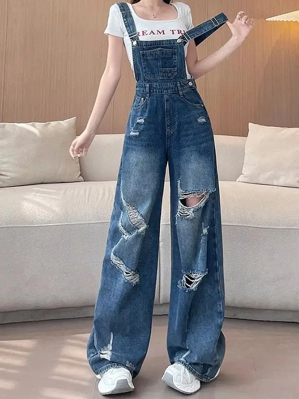 

Adjustable Denim Overalls Women Summer Korean Loose Ripped Hole Straight Jeans Trousers Casual Retro Blue Denim Wide Leg Pants