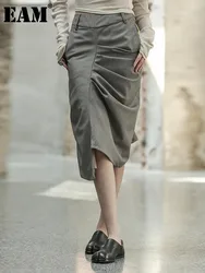 [EAM] High Waist Gray Pleated Irregular Elegant A-line Half-body Skirt Women Fashion Tide New Spring Autumn 2024 1DF6808