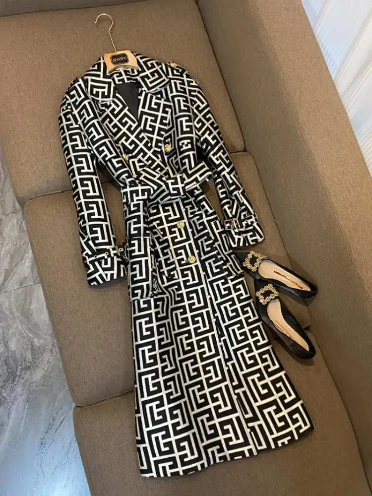 

Winter Long Coat Metal Button Double Row Geometry Pattern Belted A60 Women's Commute Sle Long Sve Suit Collar Coat