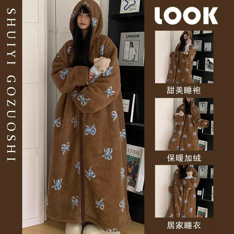 

Robe Nightdress Hooded Thickened Female Pajamas Homewear Sweet Bow Plus Size Spring Autumn Winter Women's Plush Warm Sleepcoat