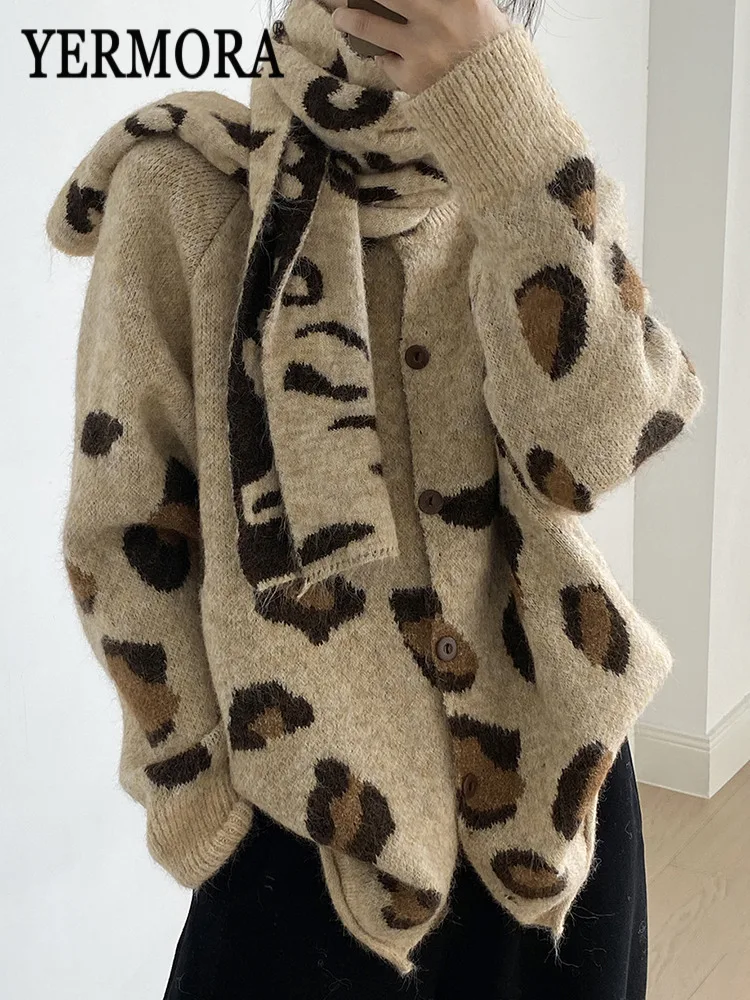 

YERMORA Camel Leopard Scarf Buttton Casual Cardigan For Women O-Neck Long Sleeve Loose New Sweater Fashion Autumn Winter 2025