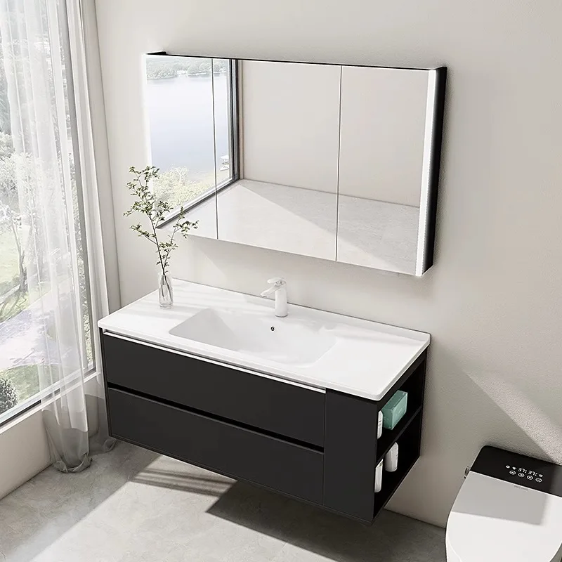 

Modern Simple Integrated Basin Bathroom Cabinet Set Ceramic Wooden Washbasin With LED Mirror And Side Storage For Hotel Use