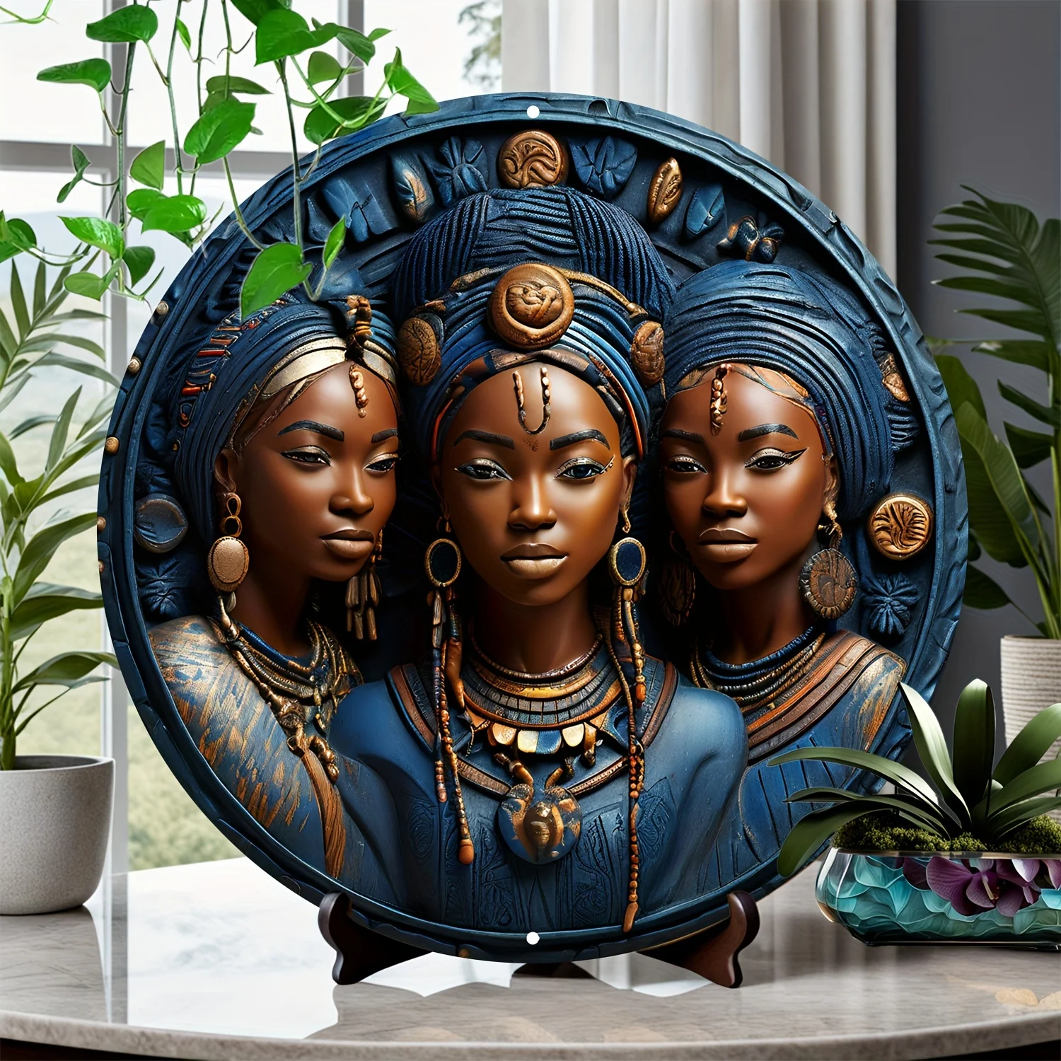 

Three African Sisters Decorative Round Aluminum Wall Art, 2D Relief Sculpture, Decor for Home,Room, Bedroom, Office, Cafe decor