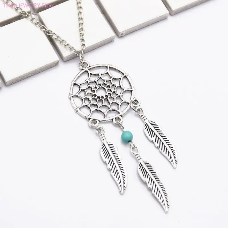 62KE Dream Catcher Pendant Necklace Dangling Leave Filigree Tribal Necklace for Party