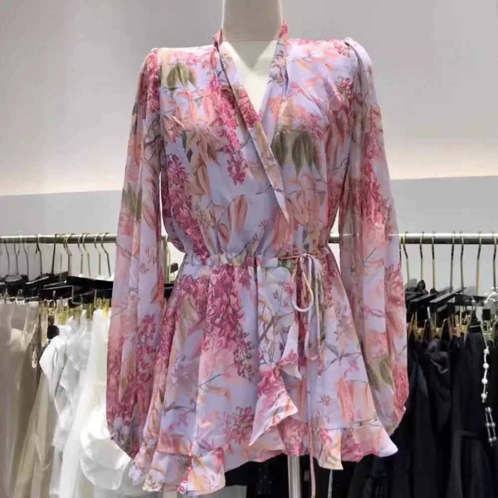 

New Fashion Elegant Printed Dress Waist Cord Long sleeved V-neck Short Dress women
