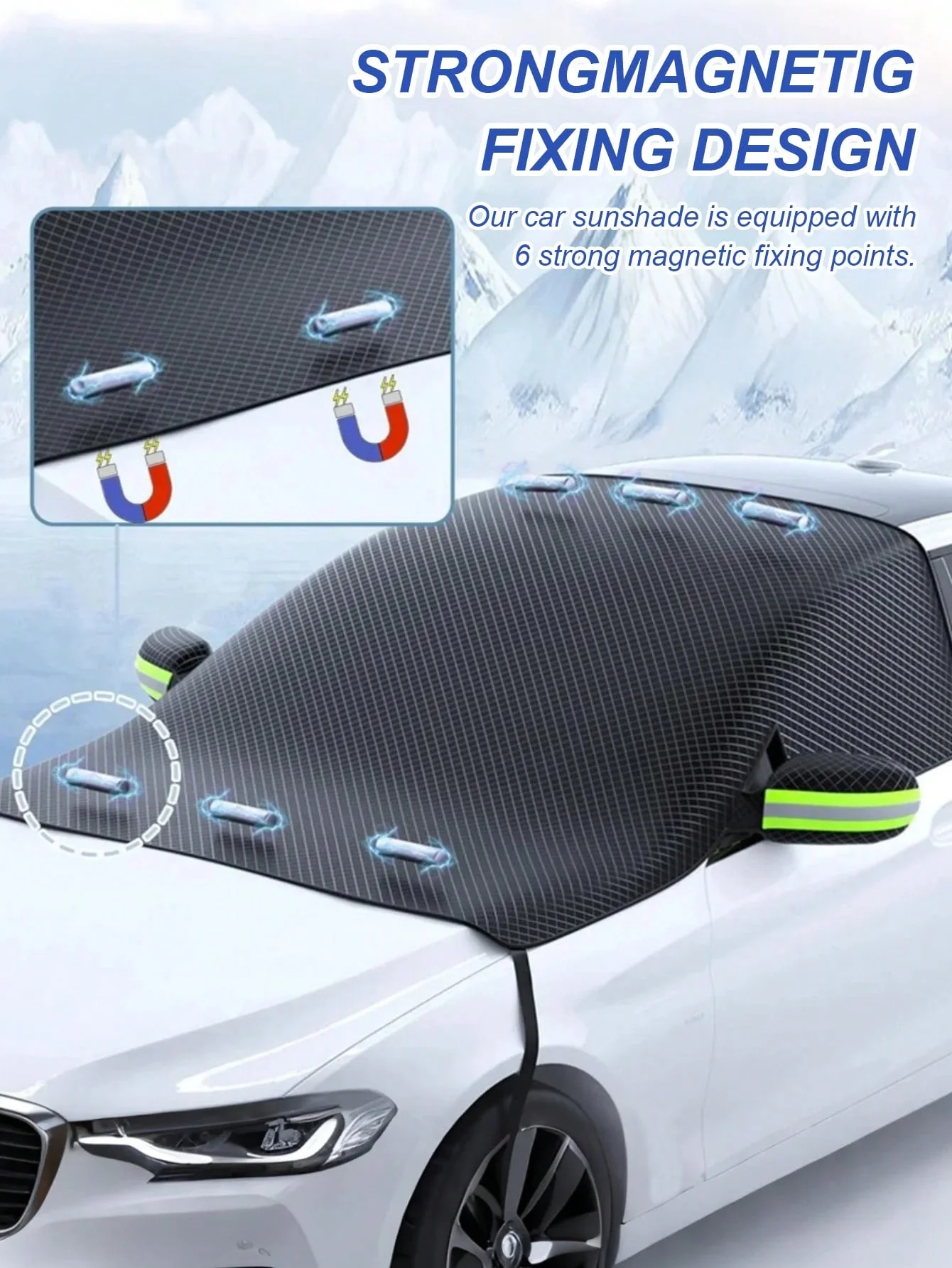 غطاء زجاج السيارة الأمامي المغناطيسي، درع الثلج/الصقيع ثلاثي الاتجاهات، حماية سميكة ضد الجليد (النوافذ الأمامية/الجانبية)، سهل التركيب (قوي ماج