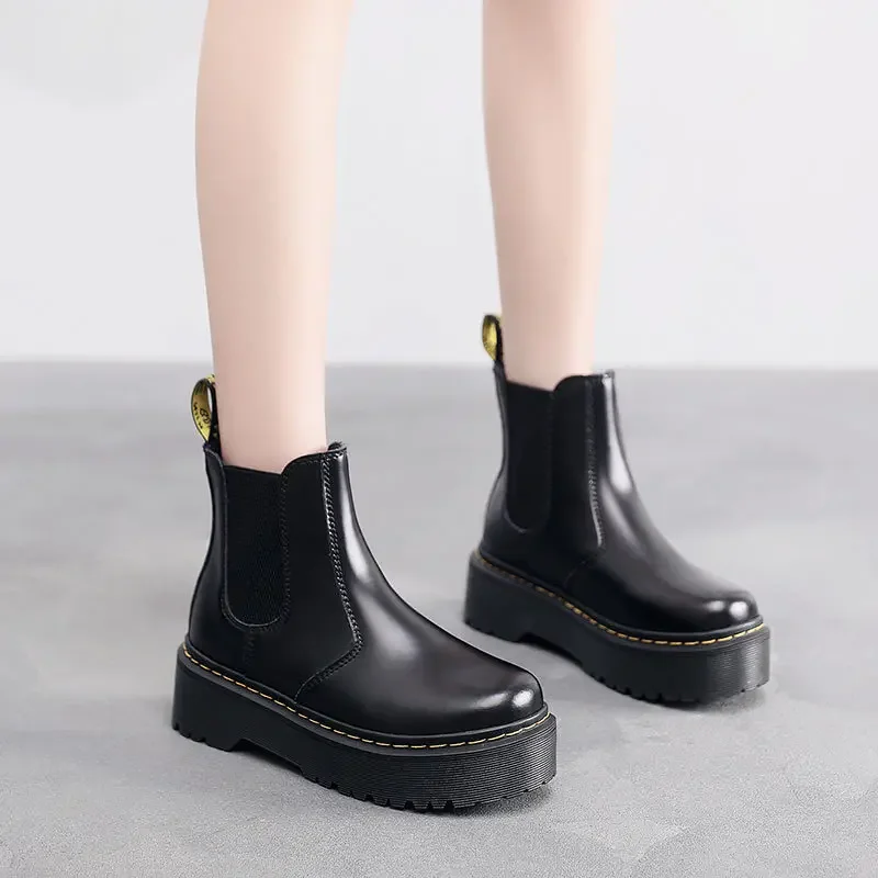 

Sewing Black Patent Leather Botines Para Mujeres Thick Sole 5cm Platform Heighten Round Toe Boots For Women Slip On Shoes Mature