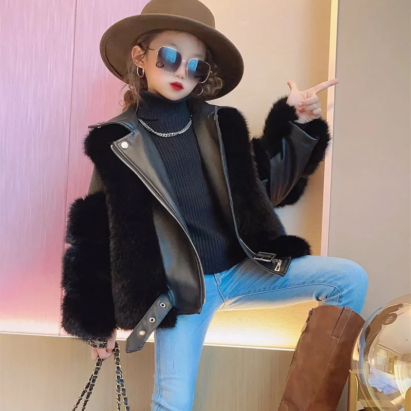 

Girls Fur Coat Jacket Cotton Outwear Overcoat 2025 Elegant Warm Thicken Plus Velvet Winter Autumn Teenager Fuzzy Children's Clot