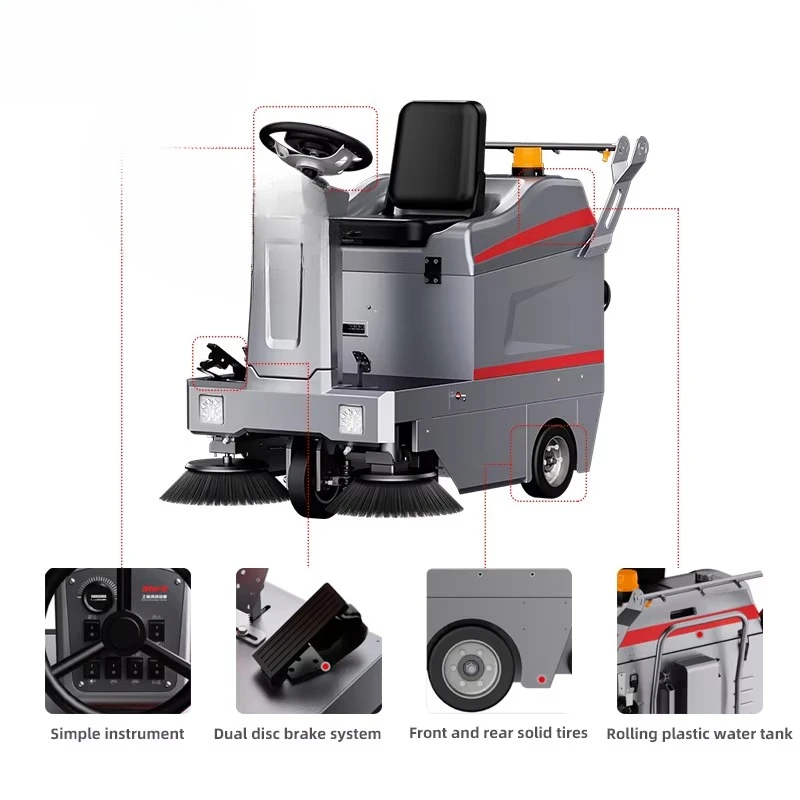 Warehouse workshop, iron filings industrial waste sweeping tricycle, with water tank, riding on the sweeper