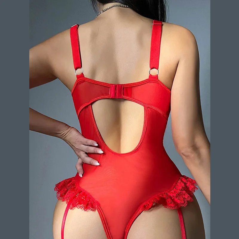 2dílná sada červeného květinového krajkového podvazkového prádla, erotické spodní prádlo, sady podprsenek pro ženy, podprsenka s kosticemi a tanga, dámské spodní prádlo - náhled 5