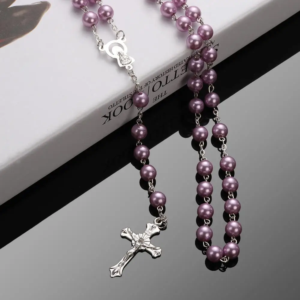Zincy Alloy Crystal Necklace Jewelry Charm Crucifix Virgin Mary Pendant Cross  Jesus Rosary Beads Chain Length:15cm