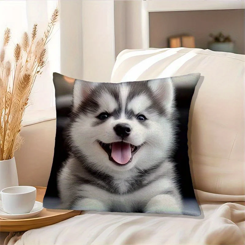 Cute Husky Puppy Print Throw Pillow Cover Realistic Smiling Siberian Husky Themed Cushion Case for Pet Lovers Home Couch Decor