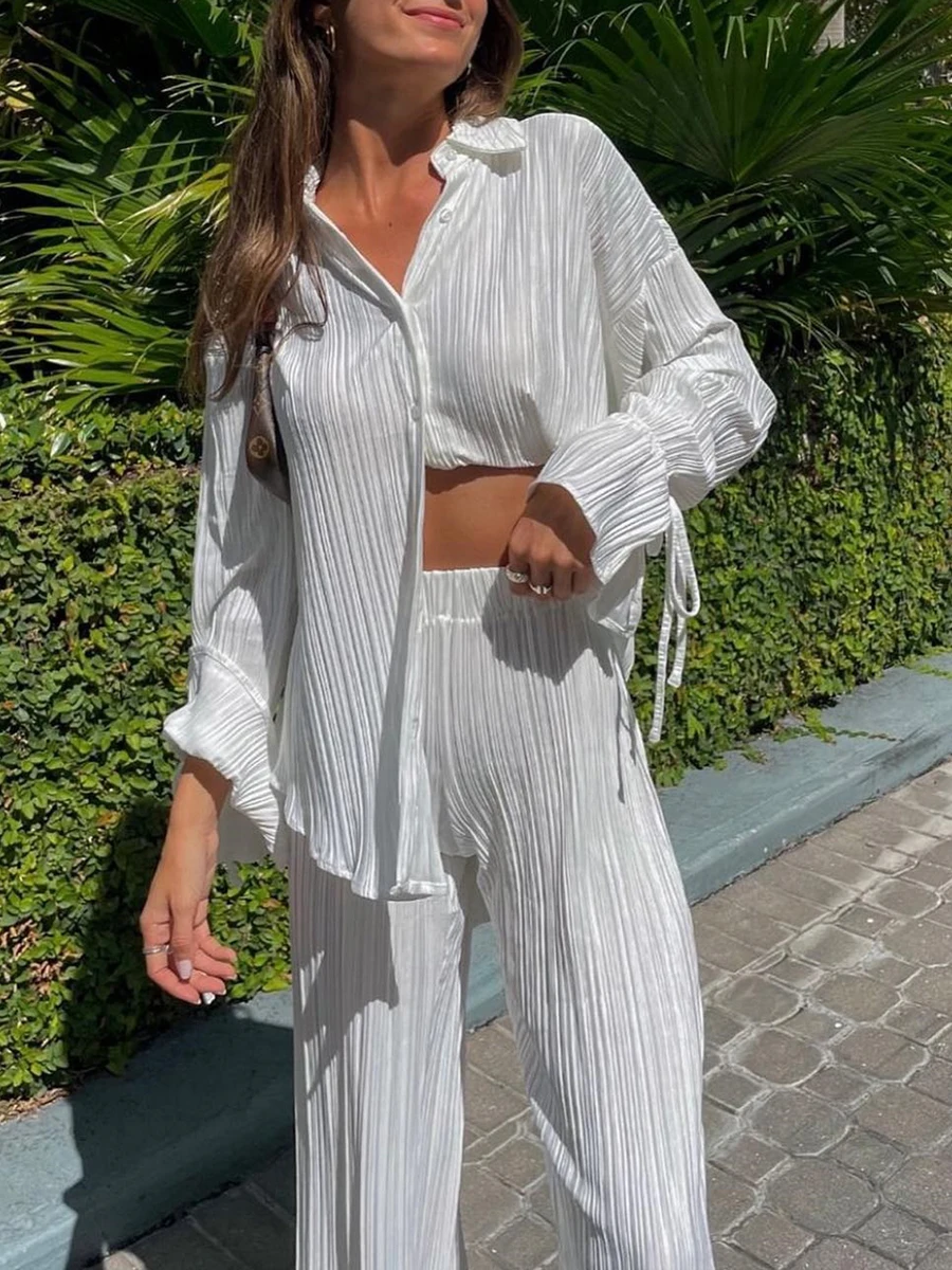 Women Pleated Pants Suits Set Casual Chic Solid Color Long Sleeve Oversized and Wide Leg Pants Trousers 2023 Elegant Tracksuit