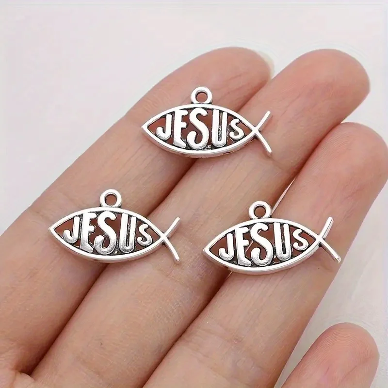 10/20/50pcs Antique Silvery Color Fish Jesus Charms Pendants