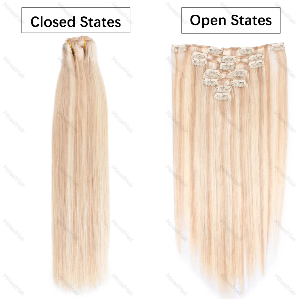 P18-60 Rambut Asli Pirang Model Jepit, Hairpiece Alami Kualitas Remy, Umur Pakai 1 TAHUN+, Lembut & Halus 120G 12-22 inci 7pcs