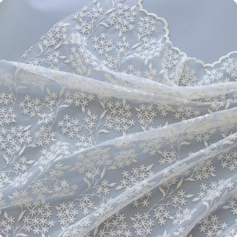 

White organza embroidered fabric for women's clothing, dress fabric, diy tablecloths and curtain polyester fabric