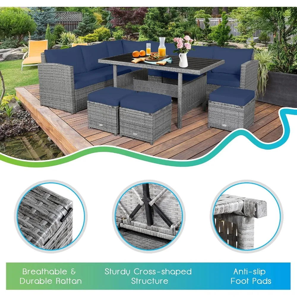 Juego de muebles de mimbre para Patio, juego de sofá de mimbre para exteriores con mesa de comedor y otomanos, cojines suaves para jardín trasero, 7 Uds.
