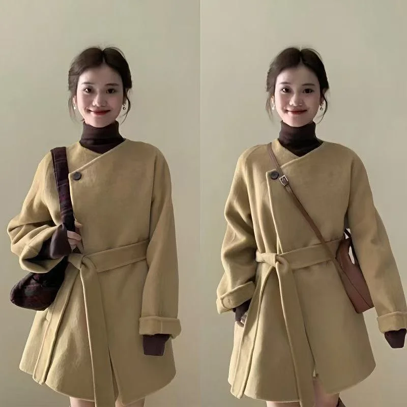 

Ele Mid-Length Woolen Coat with Belt High-Waisted Women's Outerwear Korean Sle Commute Long Sve round Ne Single Bu...