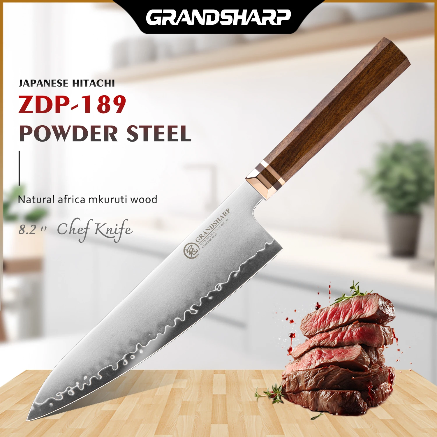 Grandsharp 8.5''Chef Knife ZDP-189 Steel Core 65-67 HRC High Hardness Blade with Mkuruti Wood Handle Kitchen Cutting Tool