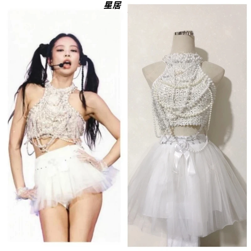 

New Kpop Korean Singer Jazz Dance White Pearl Halter Vest Crop Tops Stage Costume Sexy Shaggy Short Skirt Music Festival Outfits