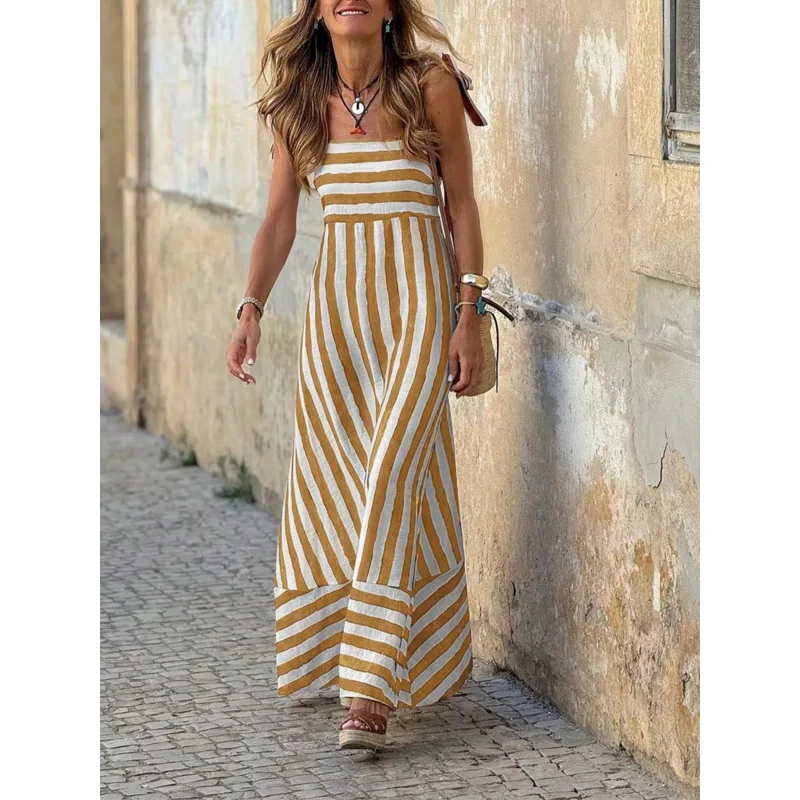Shoulder Tie up Design Perfect for Summer Vacations City Strolls Garden Parties Striped Sleeveless Long Dress