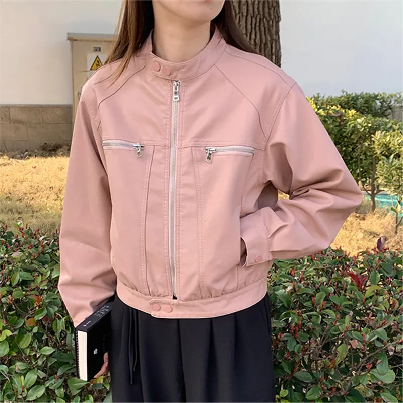 Korean Slim Short Faux Pu Leather Jacket Brown Pink Black Beige Stand Collar Long Sleeve Imitation Leather Biker Jacket Streetwe