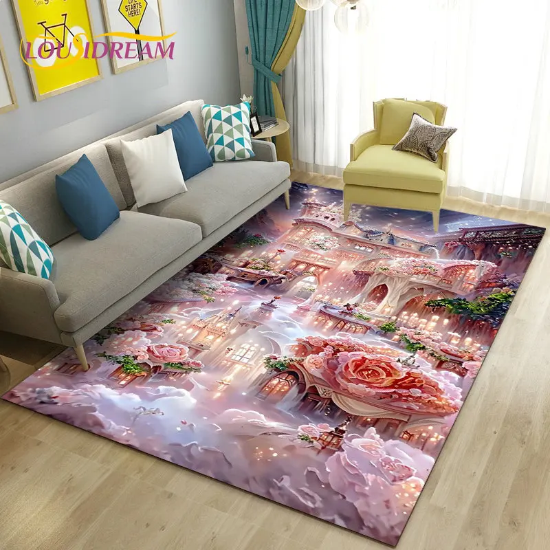 3D Beautiful Dream Magic Castle Scenery Area Rug,Carpet Rug for Living Room Bedroom Sofa Doormat Decor,Child Non-slip Floor Mat