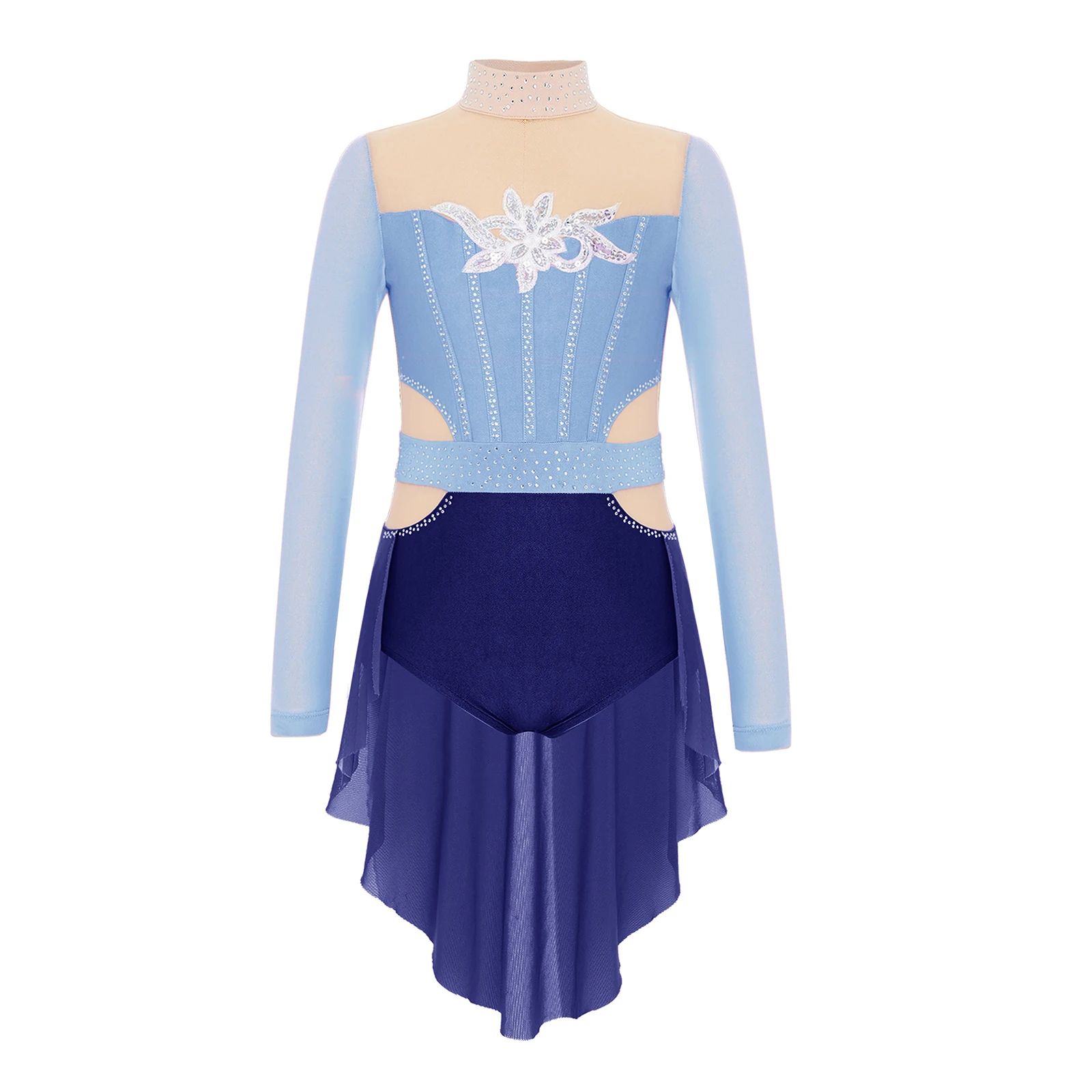 Maglia da balletto per ginnastica per ragazze Costume da ballo moderno per pattinaggio lirico Collo a lupetto Manica lunga Strass lucidi Body con gonna in rete