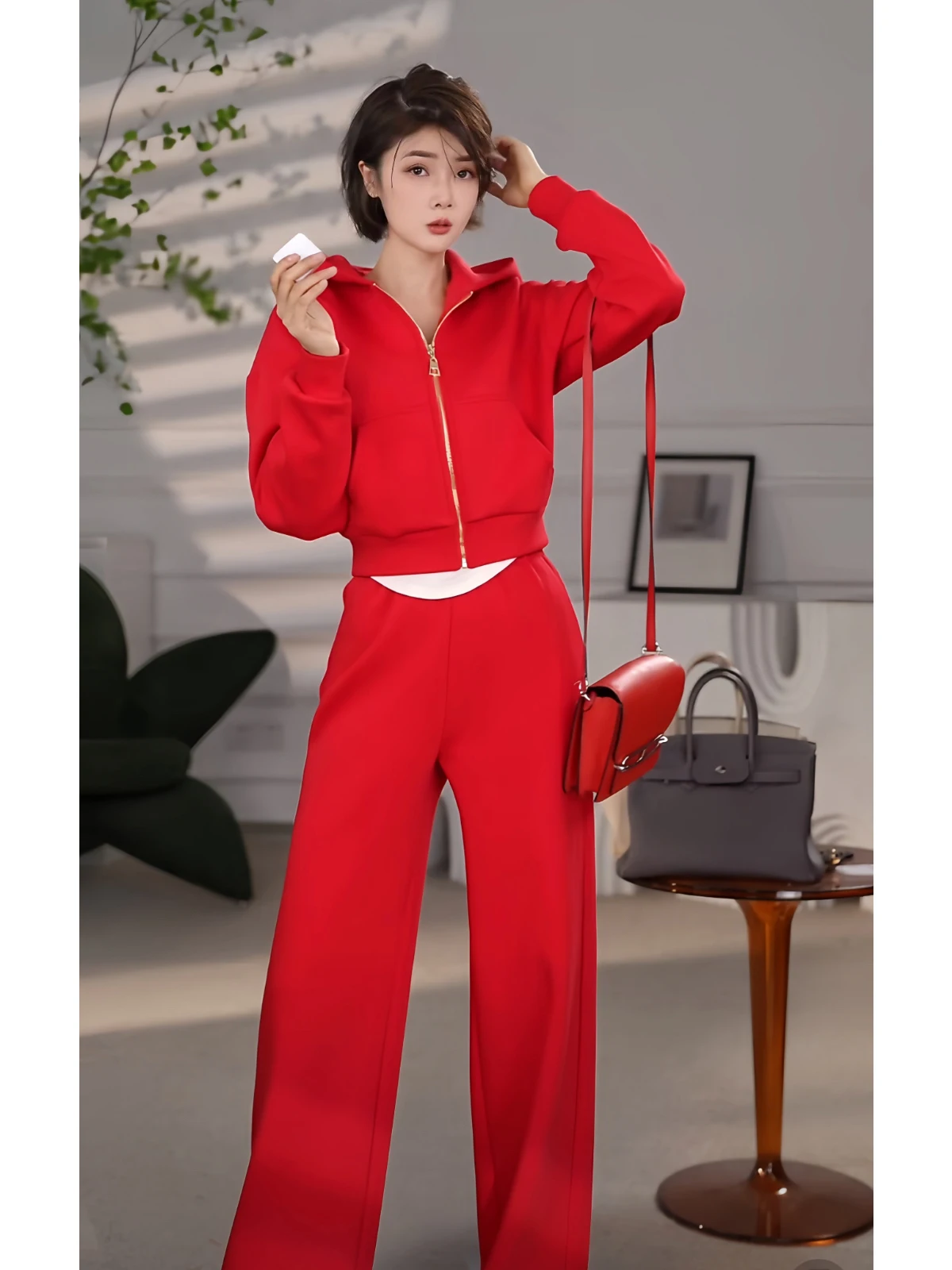 

XULU Original Color High Waist Fleece Lined Zipper Hoodie Casual Loose Straight Leg Pants Women's Fashion Set Winter Wear
