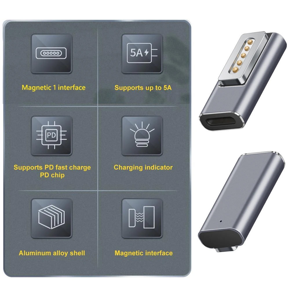 محول USB من النوع C أنثى إلى مغناطيسي PD مع مصباح مؤشر لملحقات Macbook Air/Pro Comnputer