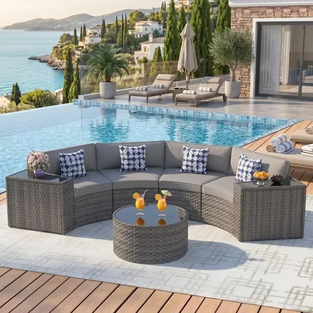 7-Piece Half-Moon Curved Outdoor Sectional Sofa Set with Coffee Table and Waterproof Cover, Grey Wicker Rattan Patio Furniture f