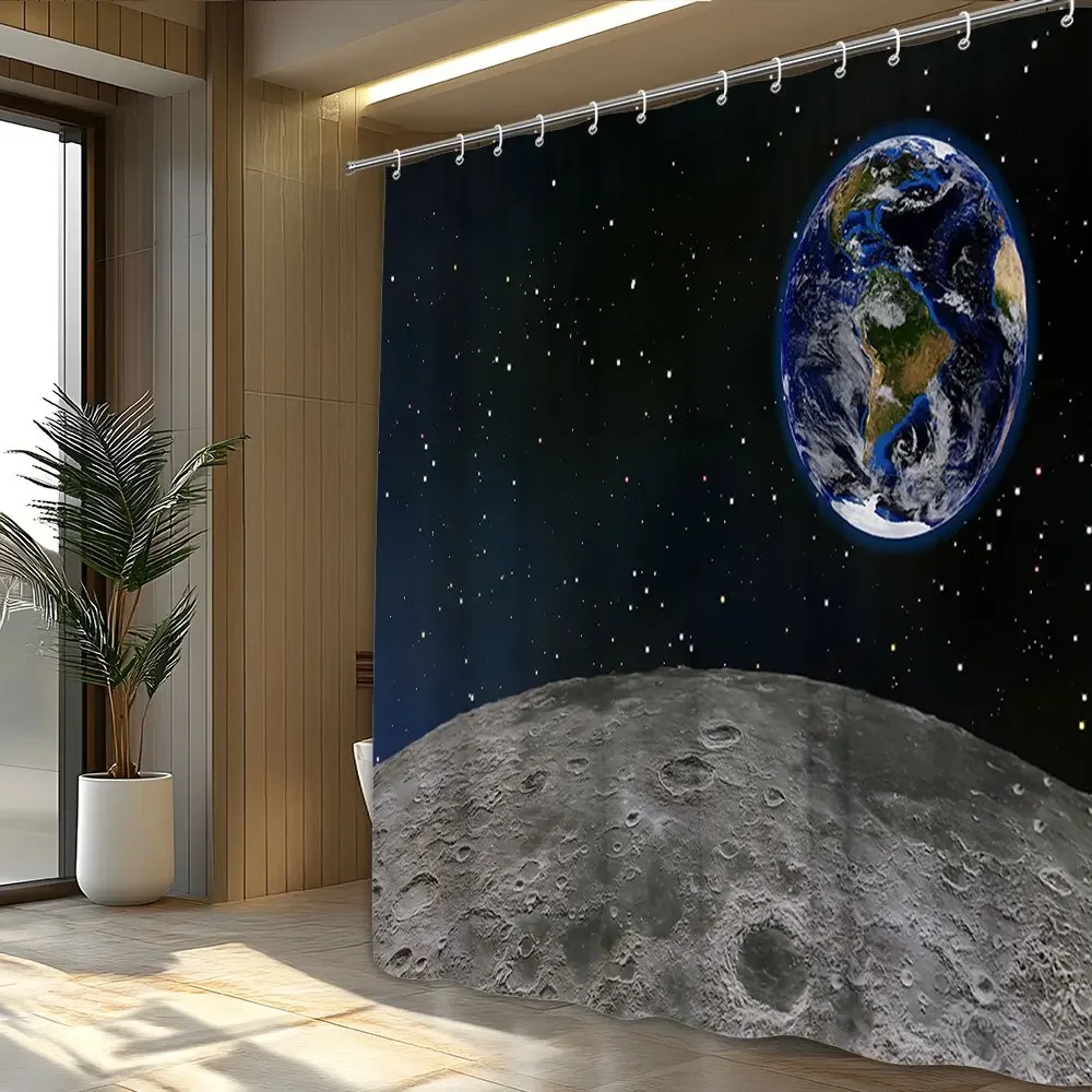 1 قطعة ستارة حمام ذات طابع مساحة، 70. 87x70. 87 بوصة، القمر الواقعي والأرض CGI، السماء الليلية المرصعة بالنجوم، نسيج البوليستر، آلة