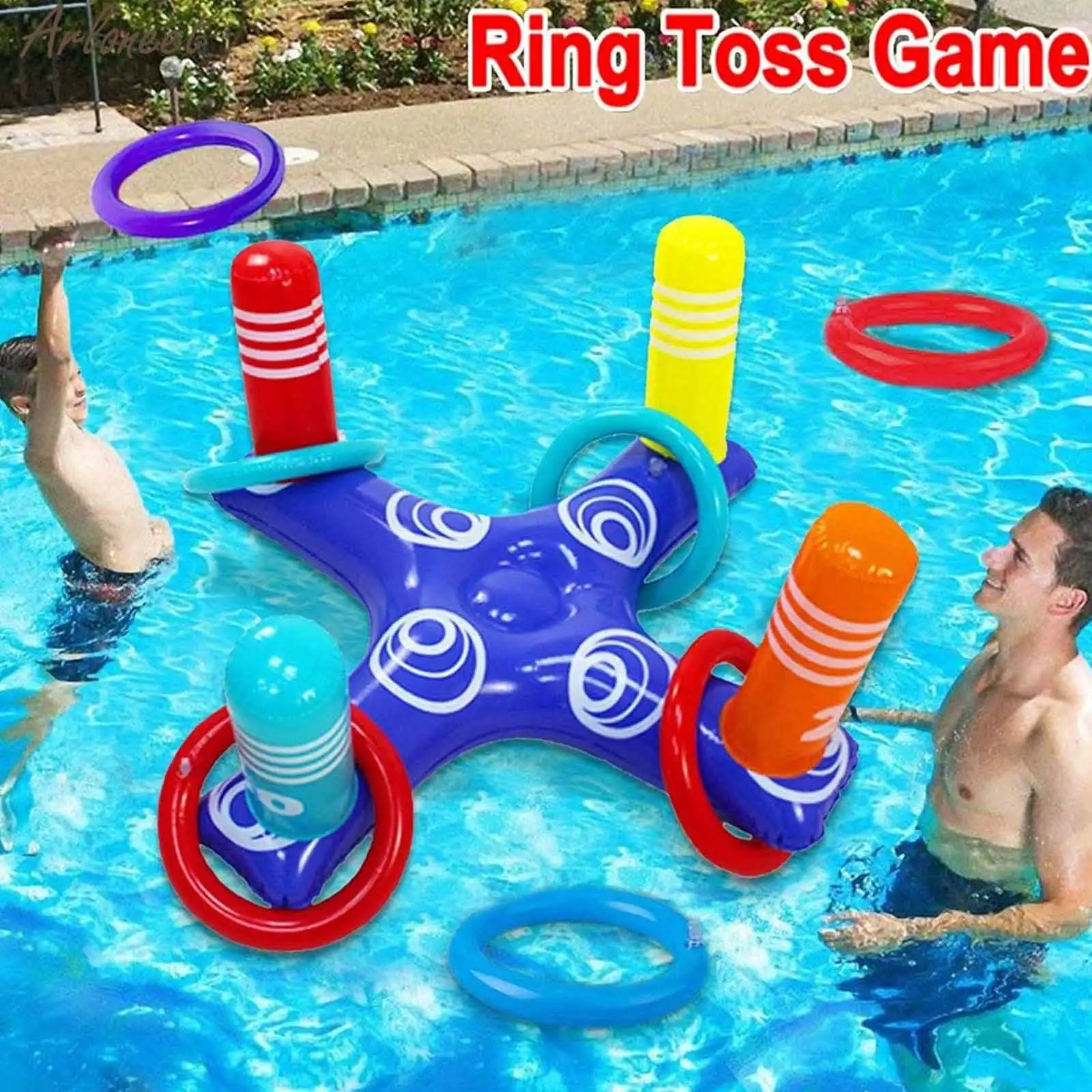 Inflatable Ring Toss Game Toys Kit with 4pcs Floating Rings for Water Beach Outdoor Fun Play Game Swimming Pool Party Favors