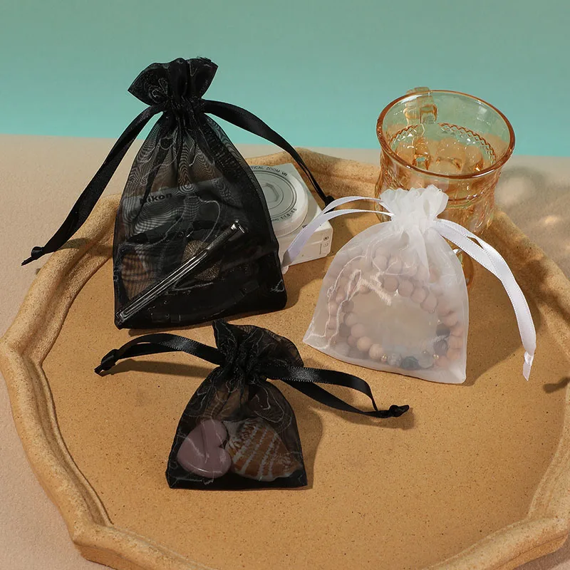 100pcs/lot 7x9 9x12 10x15cm 50-screw Thickened Organza Drawstring Bags Black & White Wedding Candy Gift Packaging Pouches