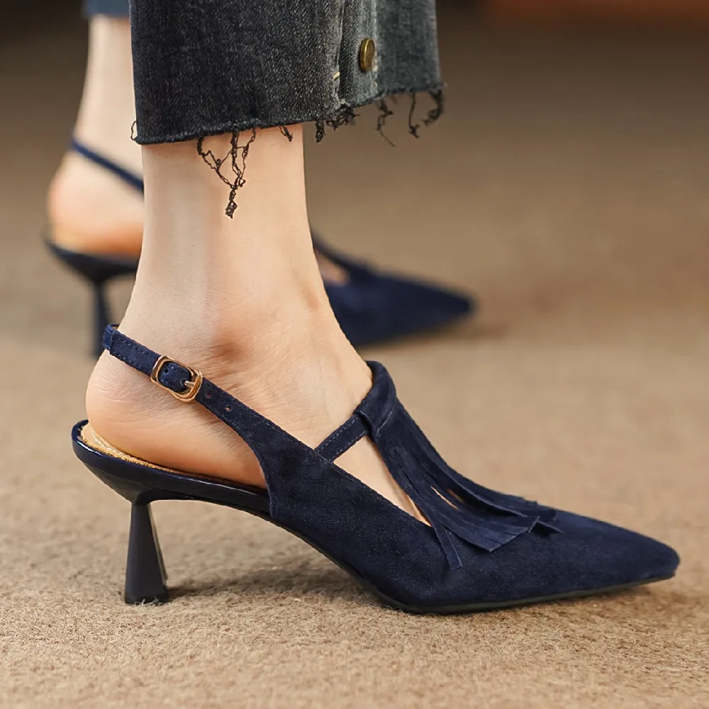 Women\'s natural suede leather thin high heel slingback pointed toe slip-on pumps elegant ladies fringe daily slim dress sandals