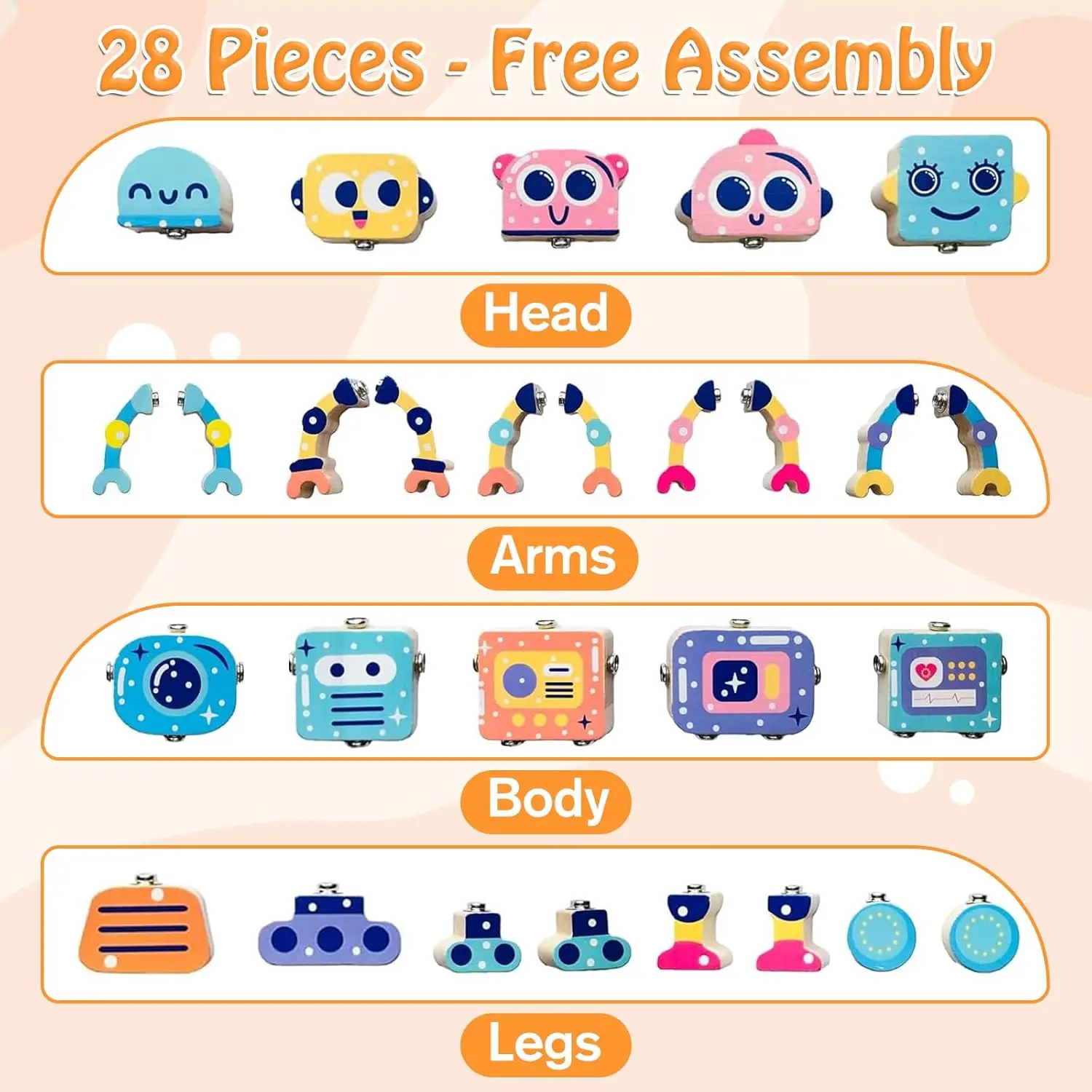 الروبوتات الخشبية المفاجئة معا بناء اللعب 28 قطعة الجذعية مونتيسوري كتل تعليمية للأطفال الصغار تطوير المهارات الحركية الدقيقة