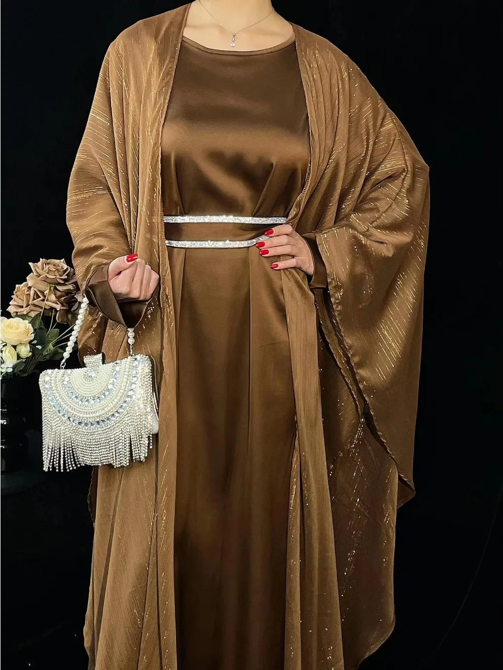 Muslim Abaya eid Suits Dresses Women Party Open 2 Piece Sets Vestidos Jalabiya Ramadan Morocco Dubai Abayas Kaftan Cardigan Robe