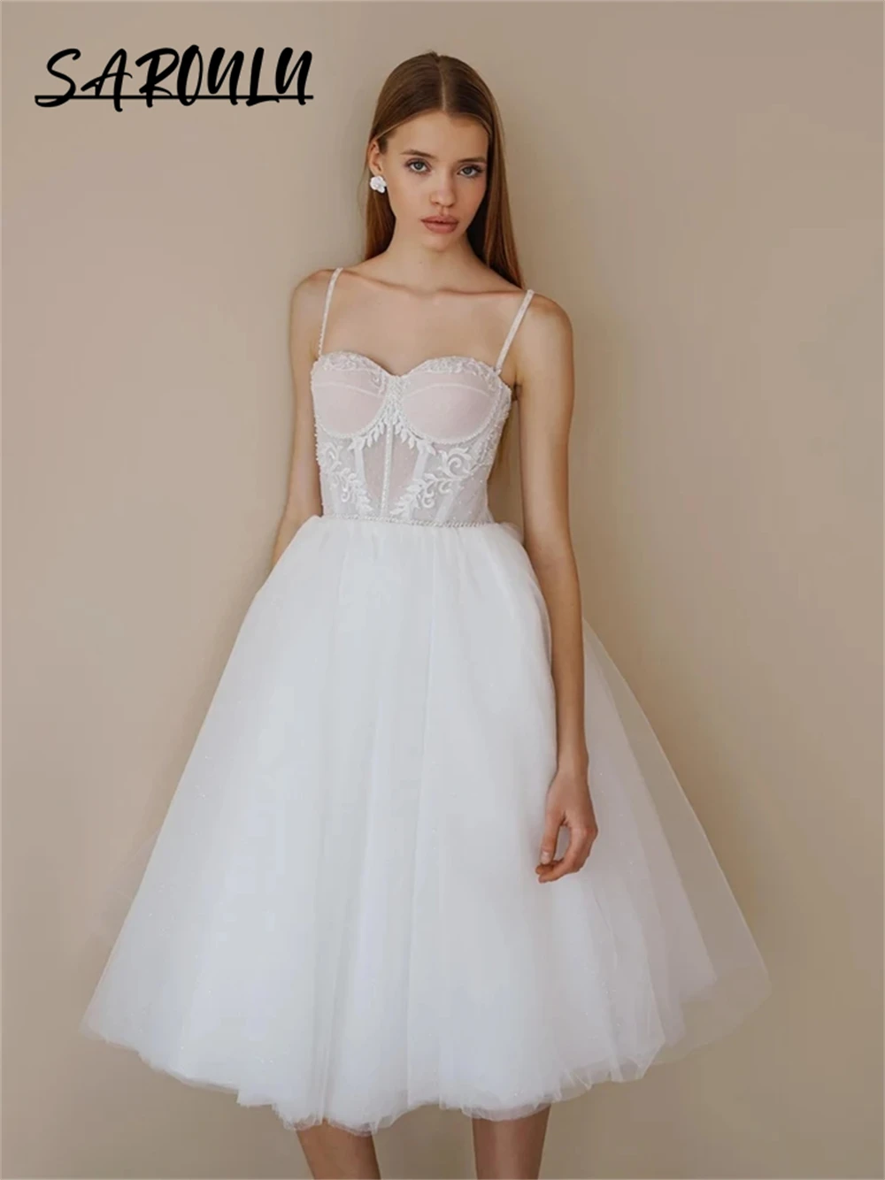 Short Midi Wedding Dress Rehearsal Dress Spaghetti Straps Lace Corset A Line Bride Dresses Tulle Bridal Gown Custom Made